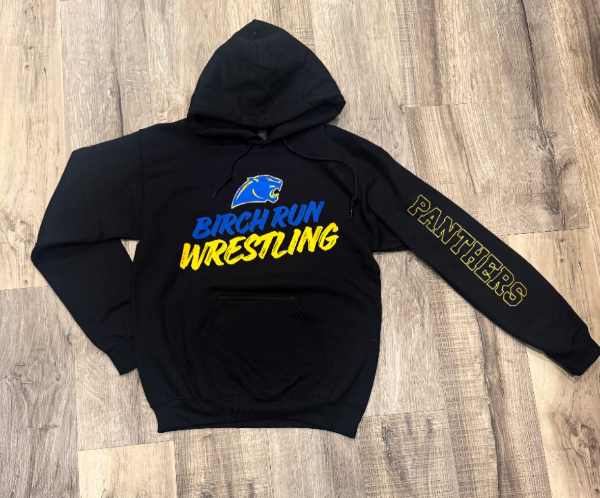 Birch Run Wrestling Hoodie - black with blue and yellow Panthers design