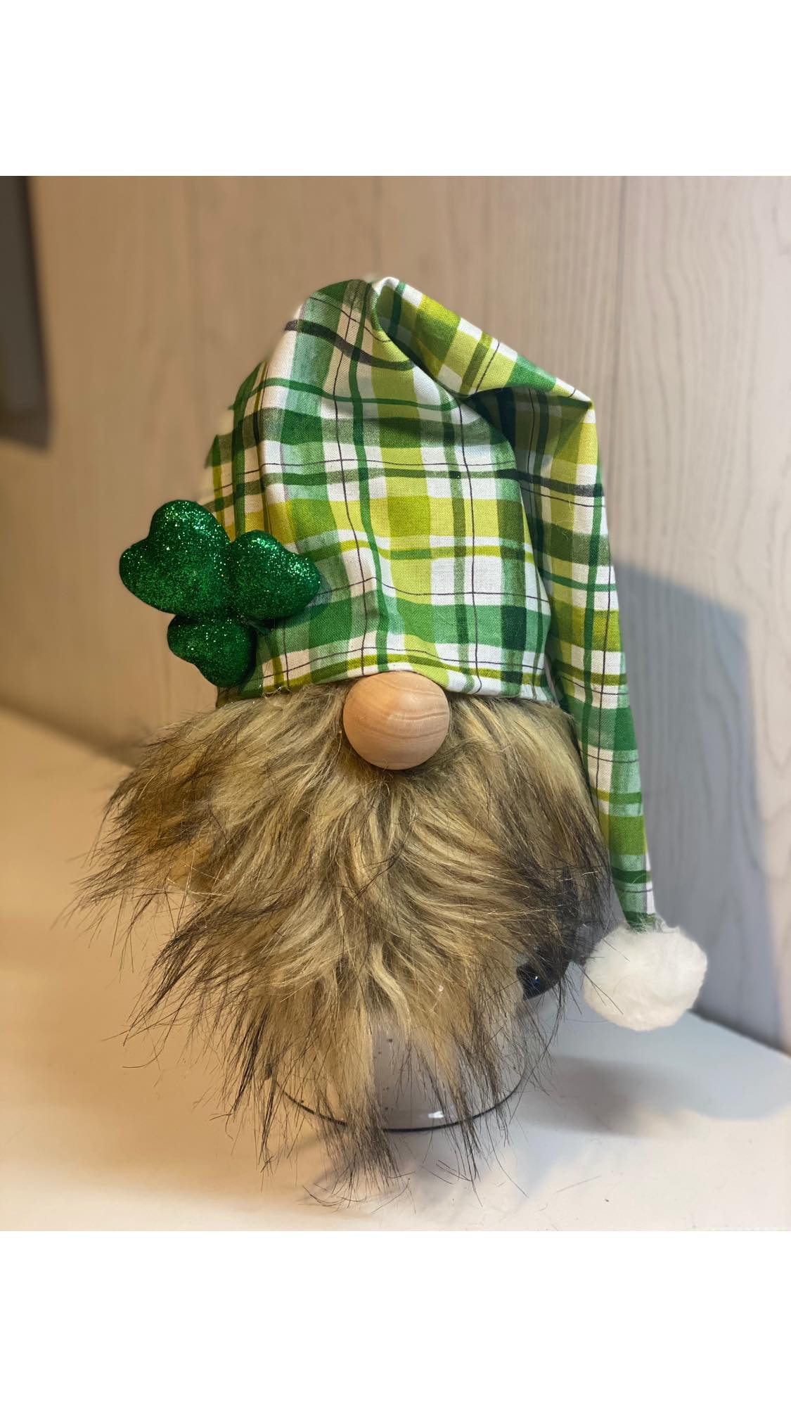 St. Patricks Day Gnome with green plaid hat and shamrock